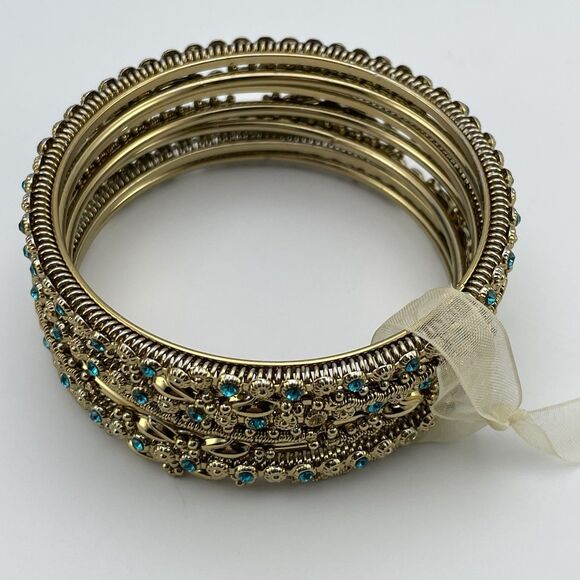 Stunning Gold Tone Blue Rhinestone 7 Piece Metal Bangle Bracelet Set New 7.5" - Picture 7 of 7
